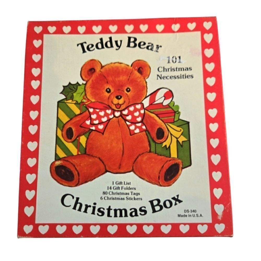 VINTAGE TEDDY BEAR CHRISTMAS BOX WITH EVERYTHING IN IT.